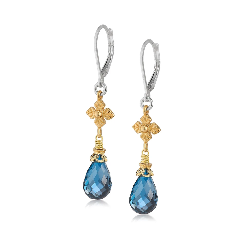 london blue topaz two-tone earrings with flower detail