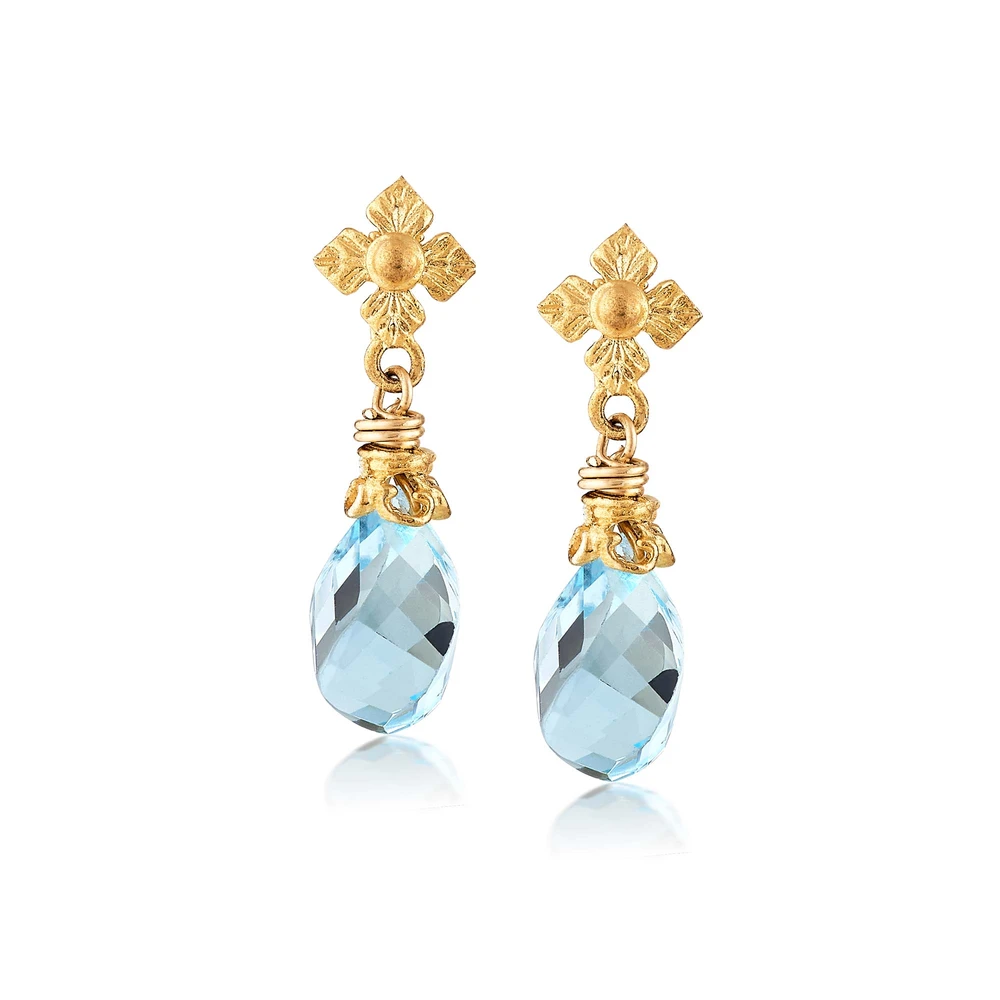 flower post earrings with faceted blue topaz twist drops in vermeil