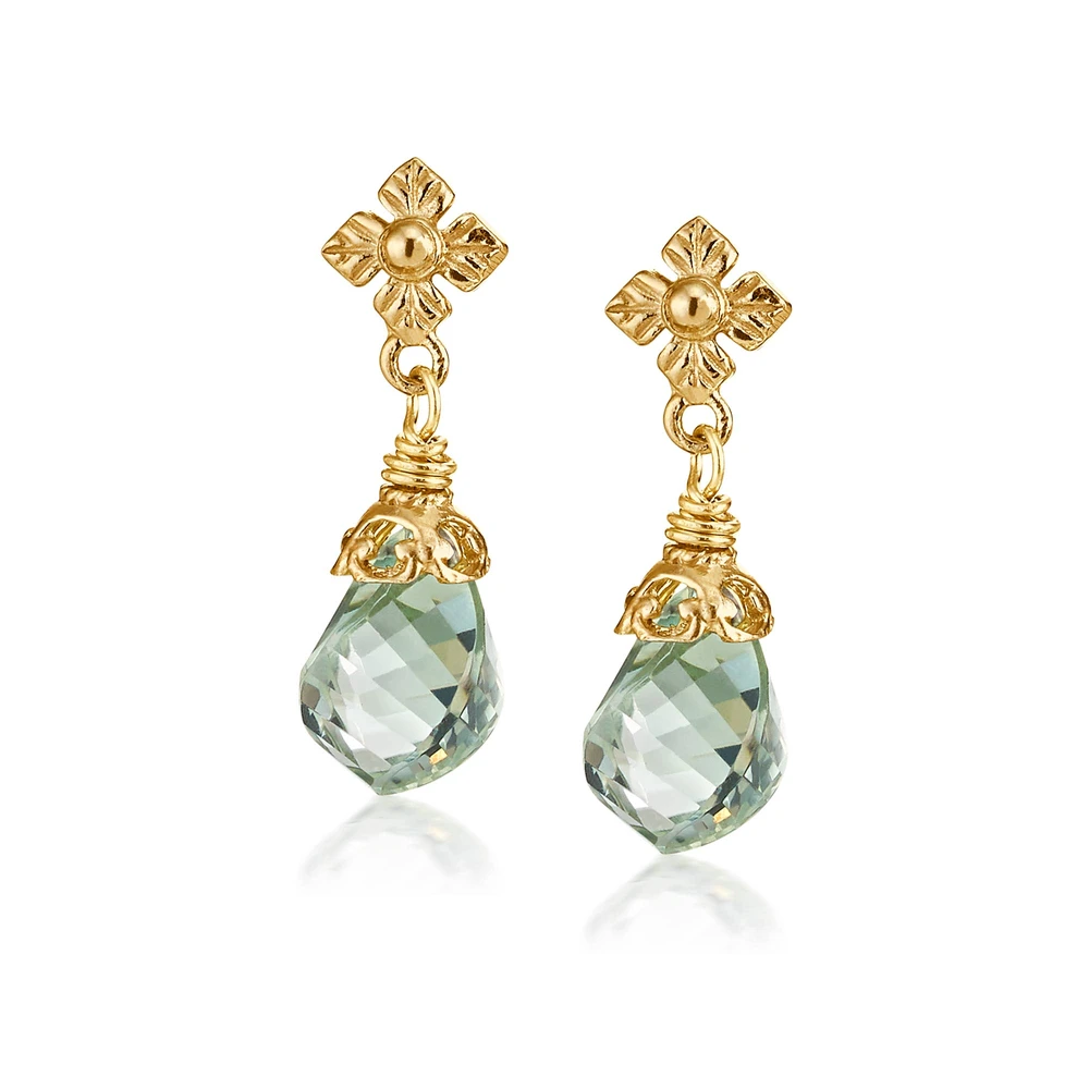 flower post earrings with faceted green amethyst twist drops in vermeil