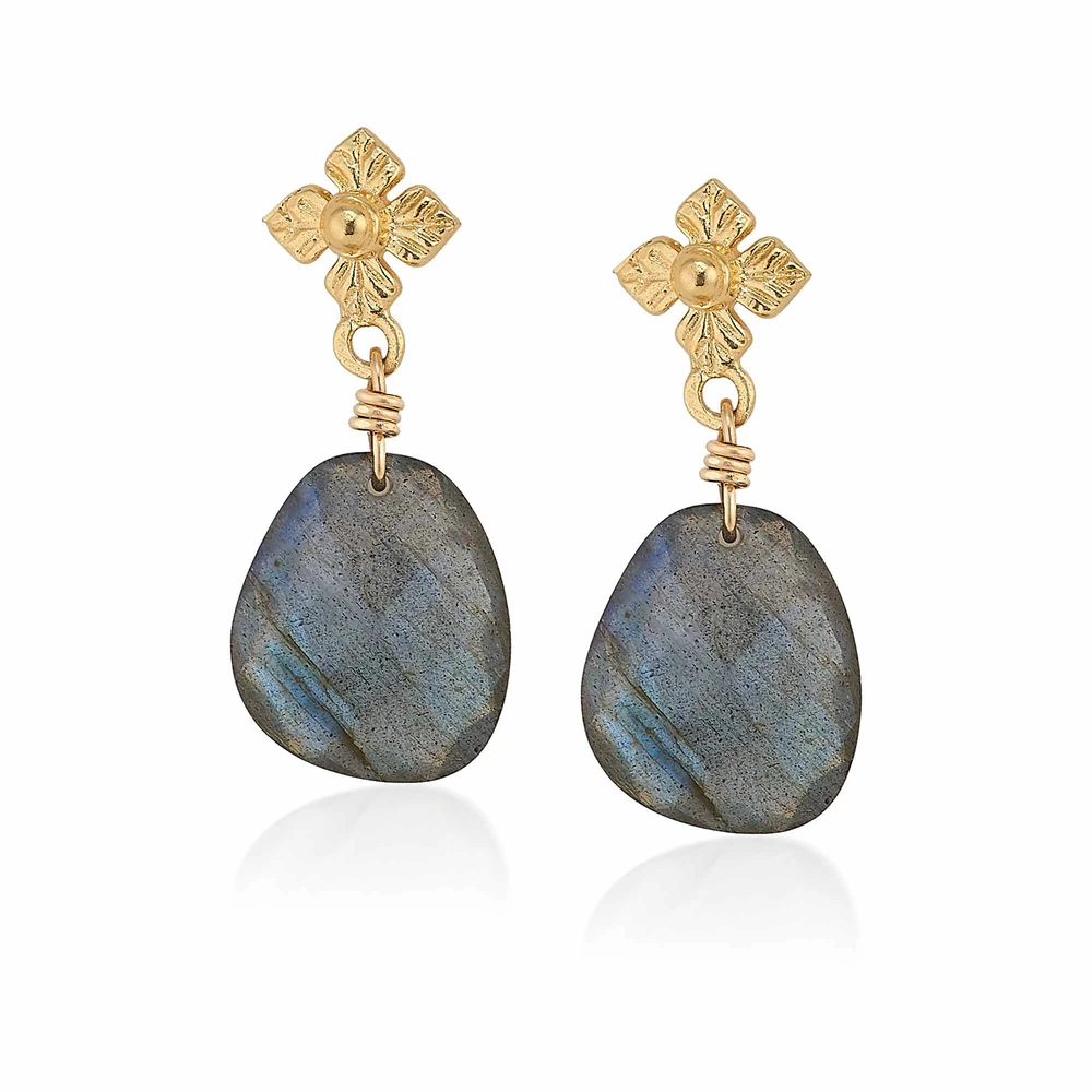 flower post earrings with faceted labradorite in vermeil