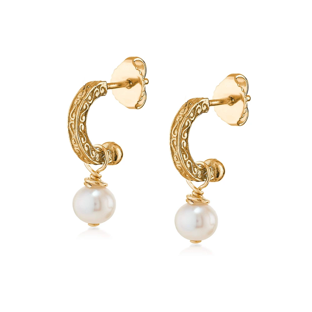 petite 18k gold vermeil engraved hoops with pearl drop