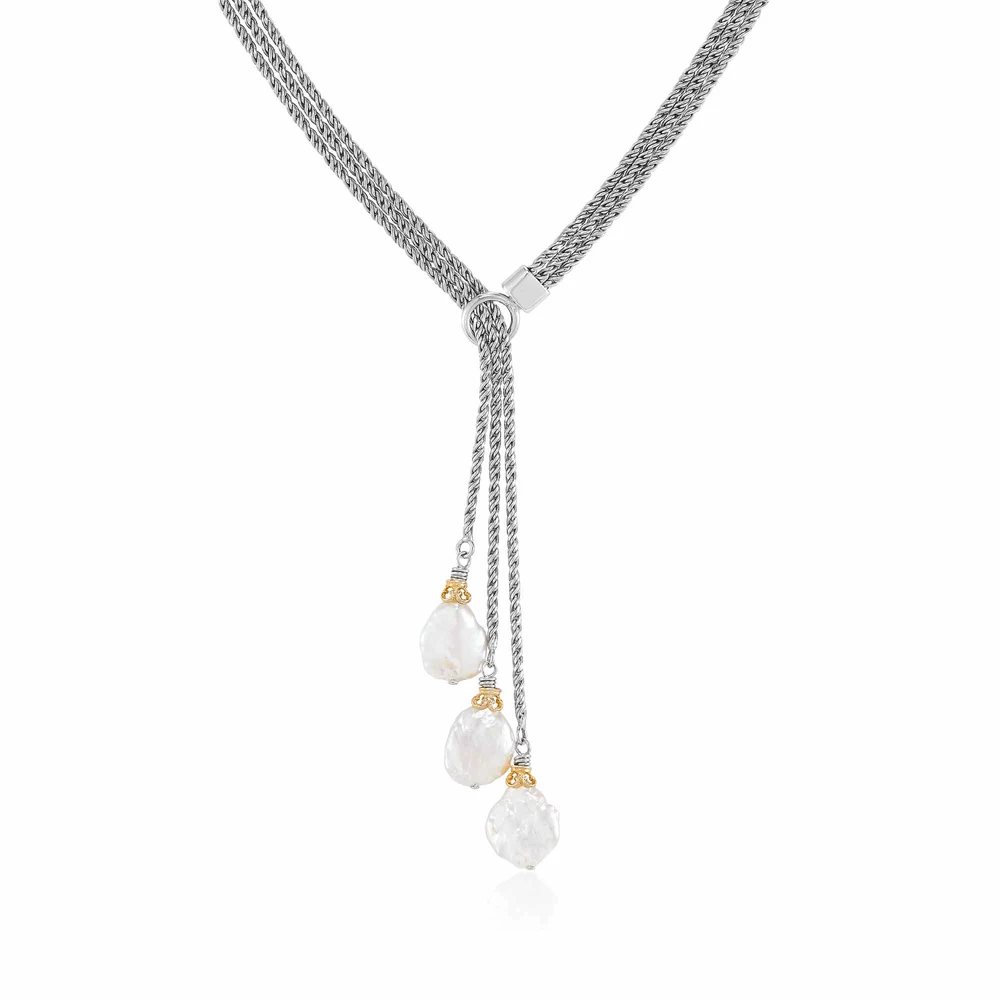 triple strand keshi pearl lariat with 18k gold vermeil