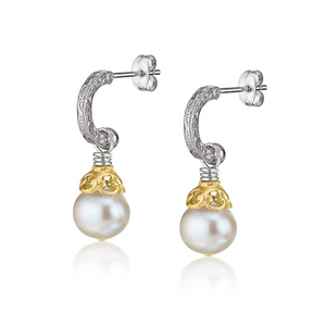 small engraved hoops with 18k gold vermeil pearl drop