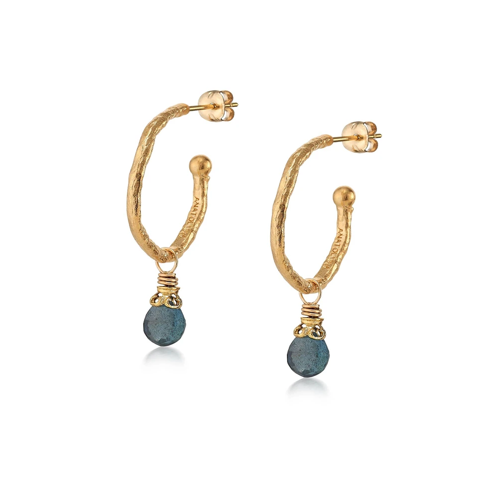 hammered vermeil hoops with moss aquamarine briolettes