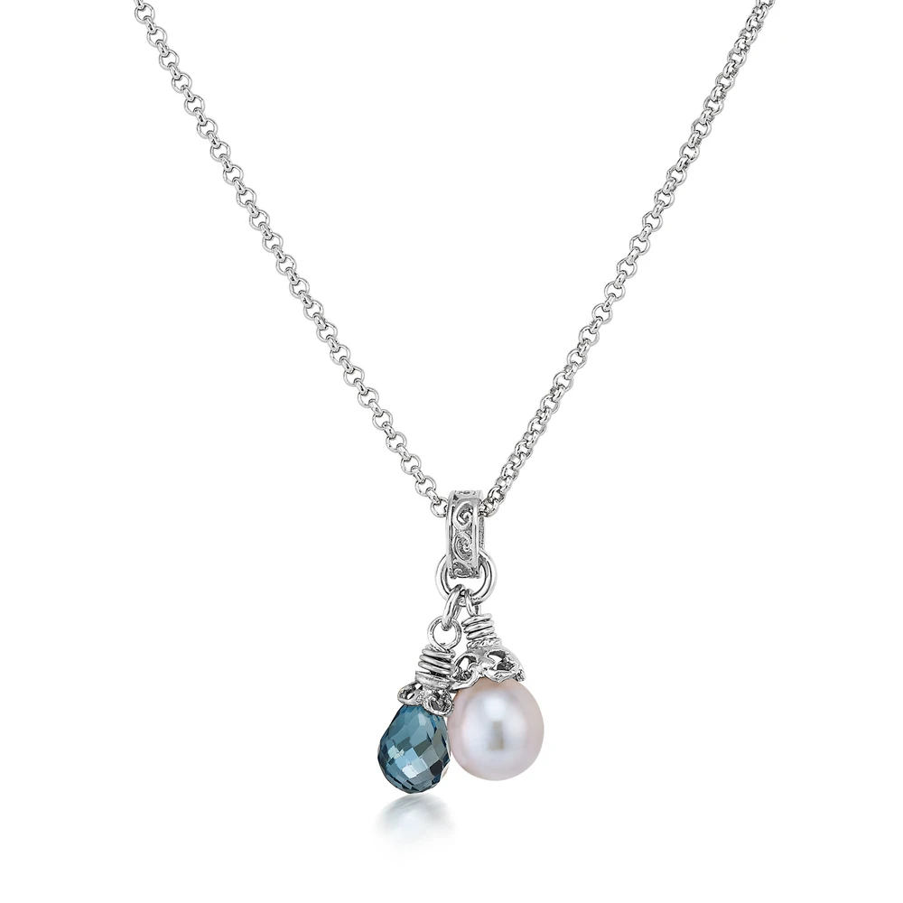 london blue topaz and gray pearl drop necklace in silver