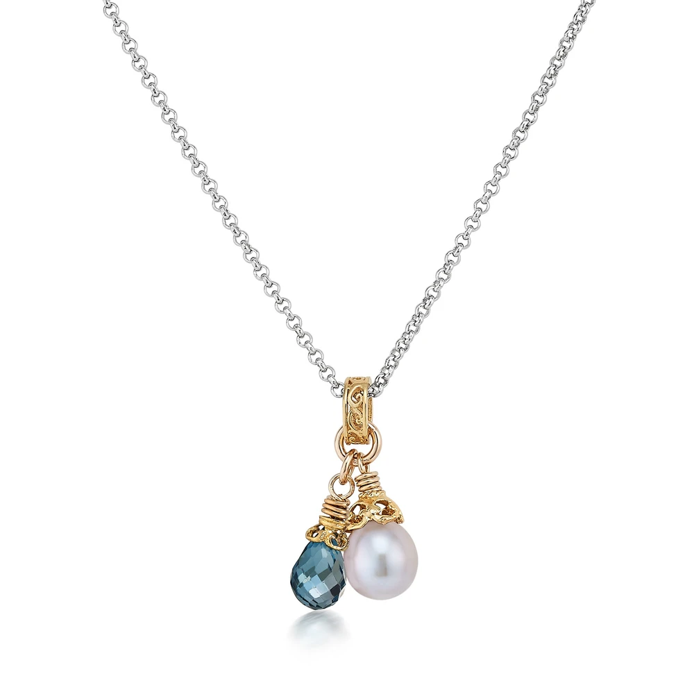 london blue topaz and gray pearl two-tone drop necklace