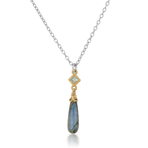 two-tone necklace in blue topaz with labradorite drop