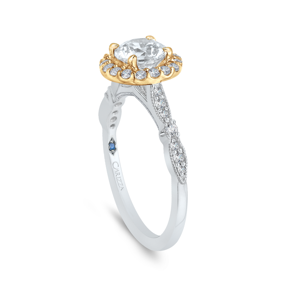 14K Two Tone Gold Round Diamond Halo Vintage Engagement Ring (Semi Mount)