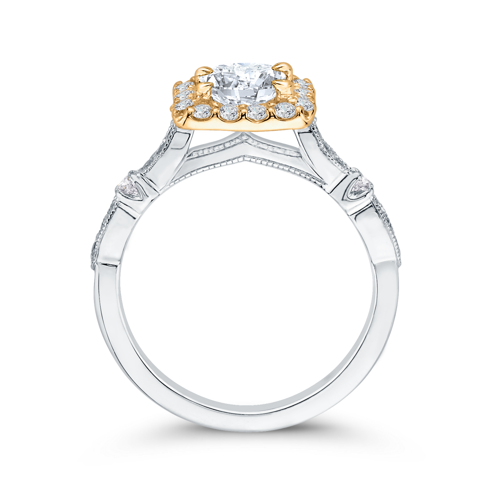 14K Two Tone Gold Round Diamond Halo Vintage Engagement Ring (Semi Mount)