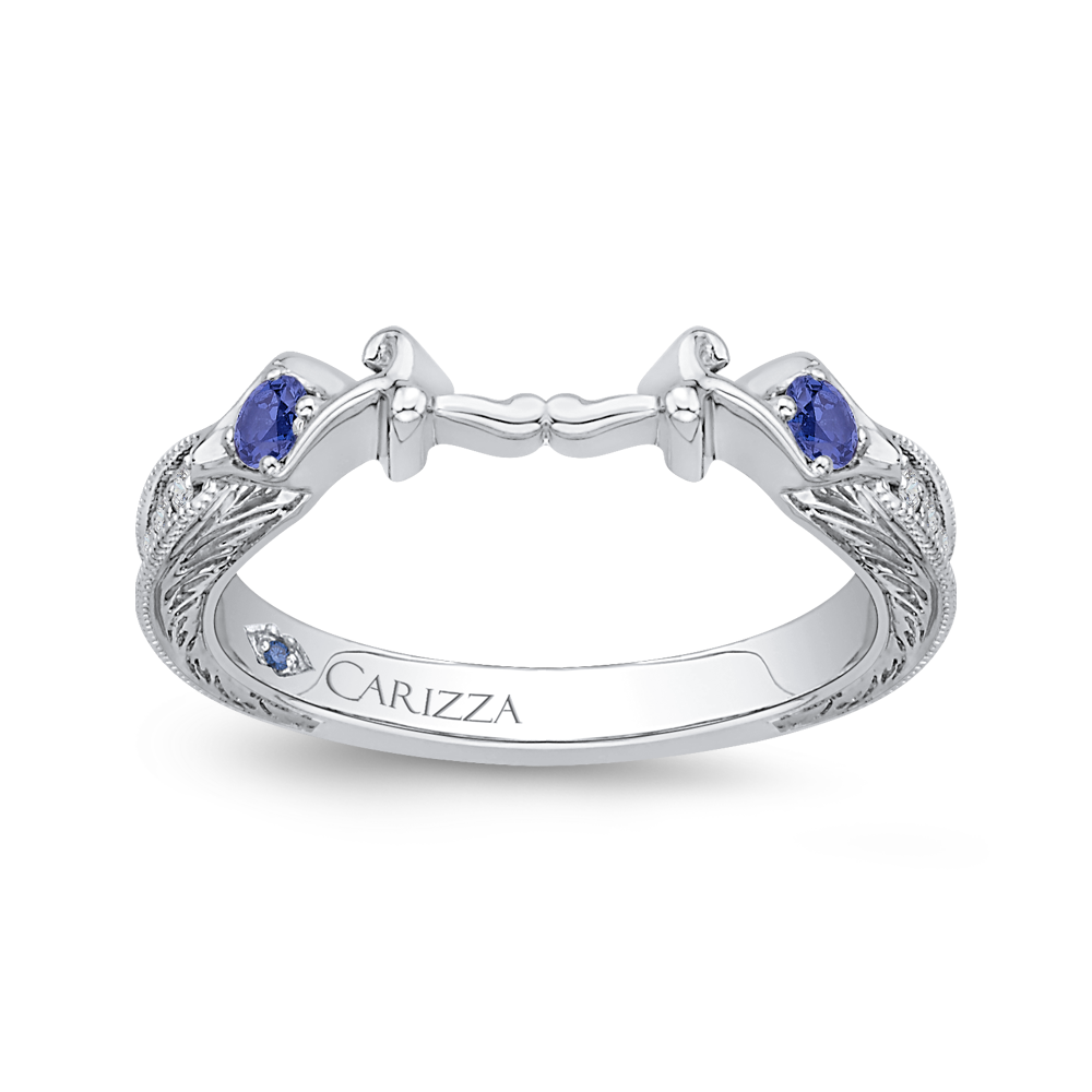 14K White Gold Round Diamond Wedding Band with Sapphire