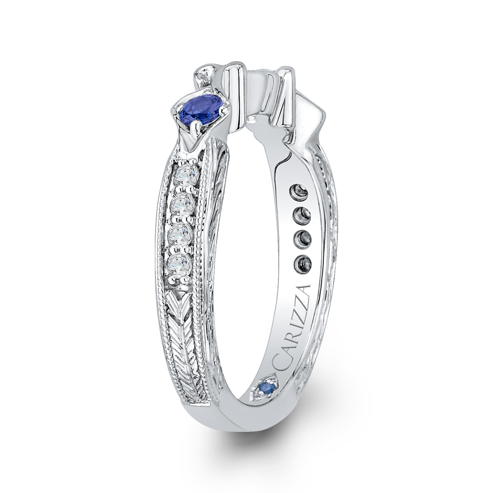 14K White Gold Round Diamond Wedding Band with Sapphire