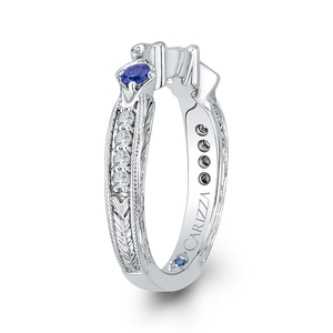 14K White Gold Round Diamond Wedding Band with Sapphire