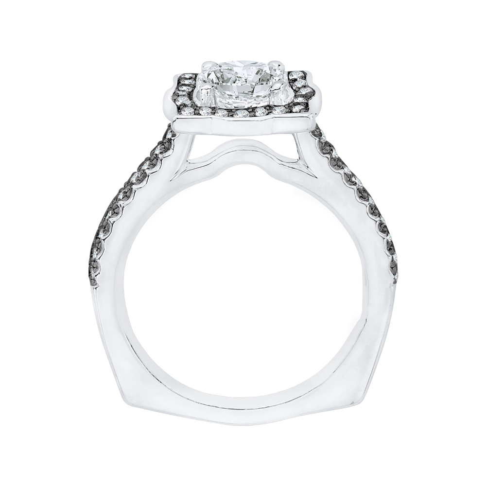 14K White Gold with Black Rhodium Tips Round Diamond Halo Vintage Engagement Ring (Semi Mount)