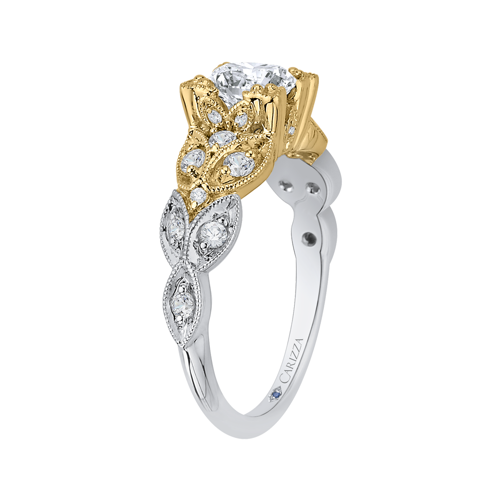 14K Two Tone Gold Round Diamond Floral Engagement Ring (Semi Mount)