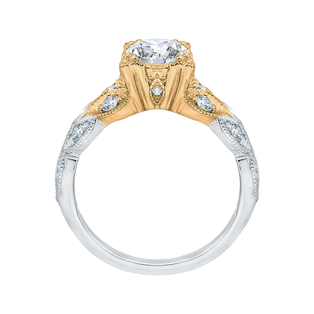 14K Two Tone Gold Round Diamond Floral Engagement Ring (Semi Mount)