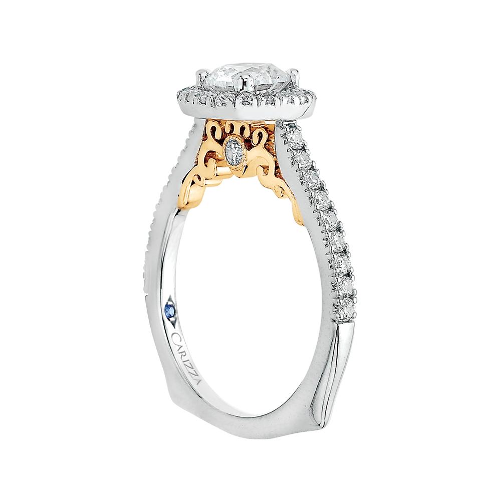 14K Two Tone Gold Round Cut Diamond Halo Engagement Ring (Semi Mount)