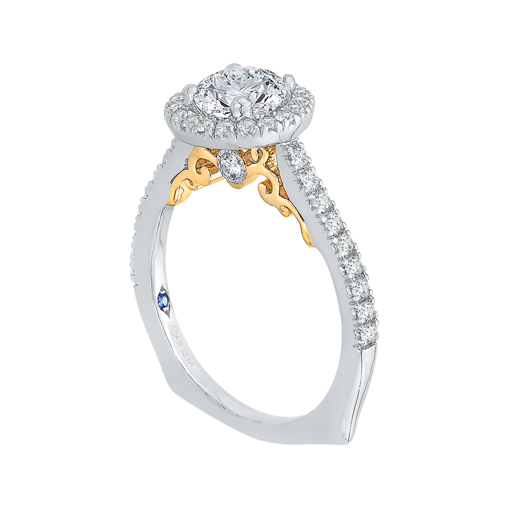 14K Two Tone Gold Round Cut Diamond Halo Engagement Ring (Semi Mount)