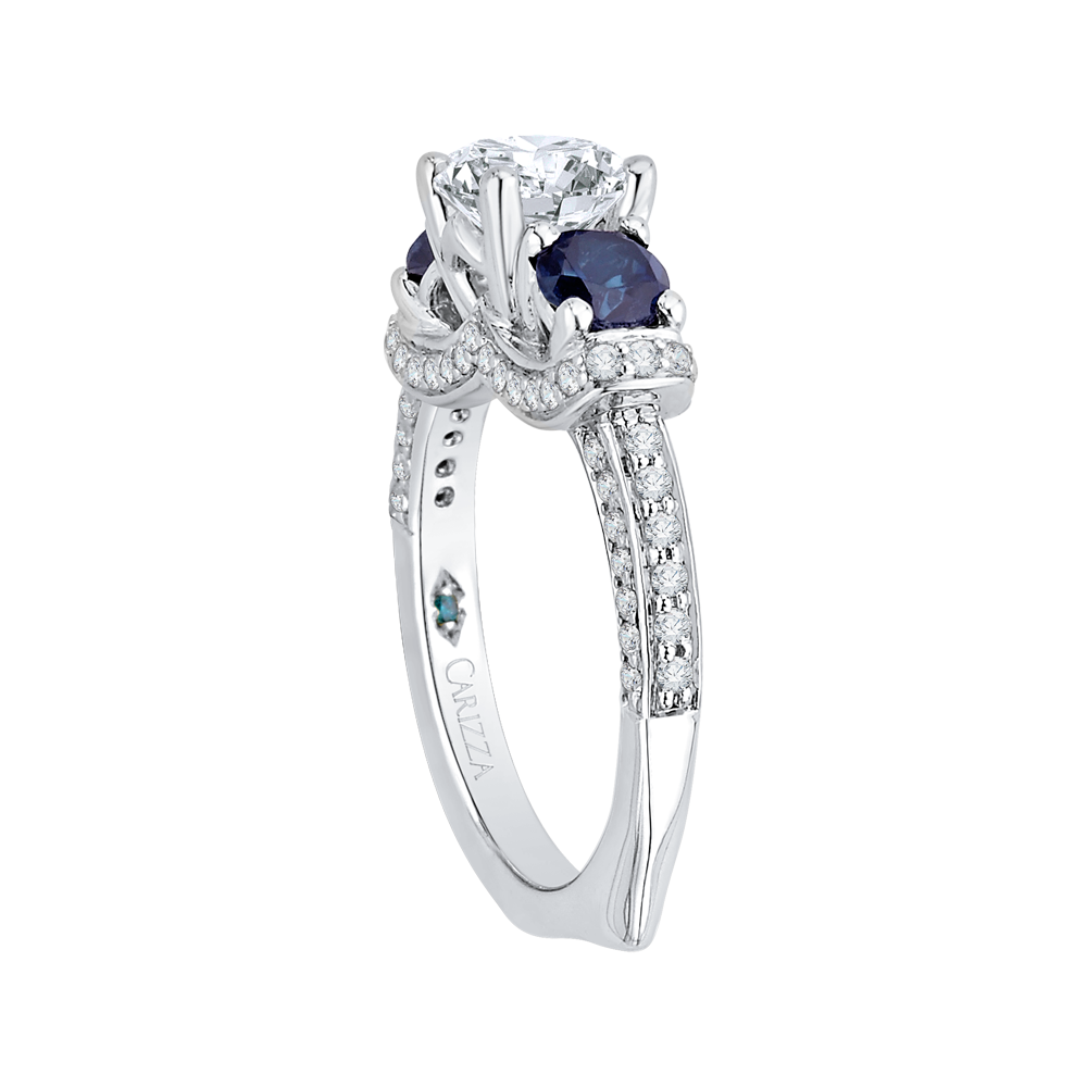 14K White Gold Euro Shank Round Diamond and Sapphire Three Stone Engagement Ring (Semi Mount)