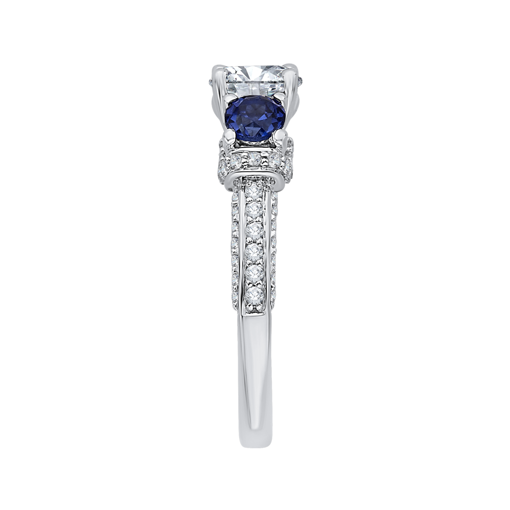 14K White Gold Euro Shank Round Diamond and Sapphire Three Stone Engagement Ring (Semi Mount)