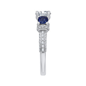 14K White Gold Euro Shank Round Diamond and Sapphire Three Stone Engagement Ring (Semi Mount)