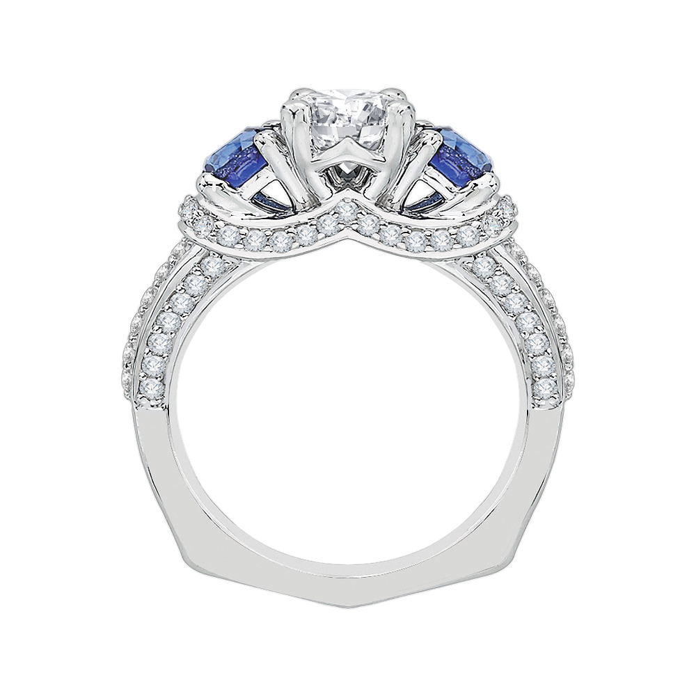 14K White Gold Euro Shank Round Diamond and Sapphire Three Stone Engagement Ring (Semi Mount)