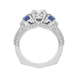 14K White Gold Euro Shank Round Diamond and Sapphire Three Stone Engagement Ring (Semi Mount)