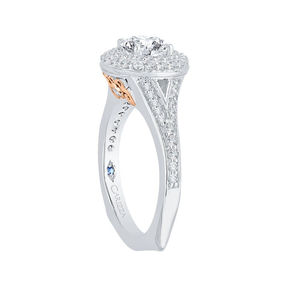 14K Two Tone Gold Round Diamond Double Halo Engagement Ring with Split Shank (Semi Mount)