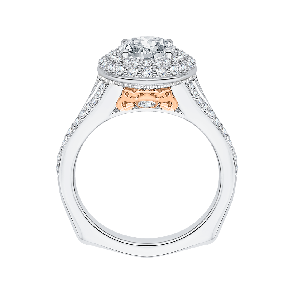 14K Two Tone Gold Round Diamond Double Halo Engagement Ring with Split Shank (Semi Mount)