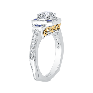 14K Two Tone Gold Round Diamond and Sapphire Engagement Ring (Semi Mount)