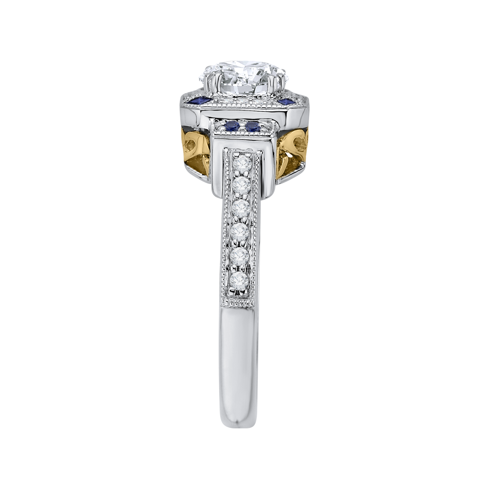 14K Two Tone Gold Round Diamond and Sapphire Engagement Ring (Semi Mount)