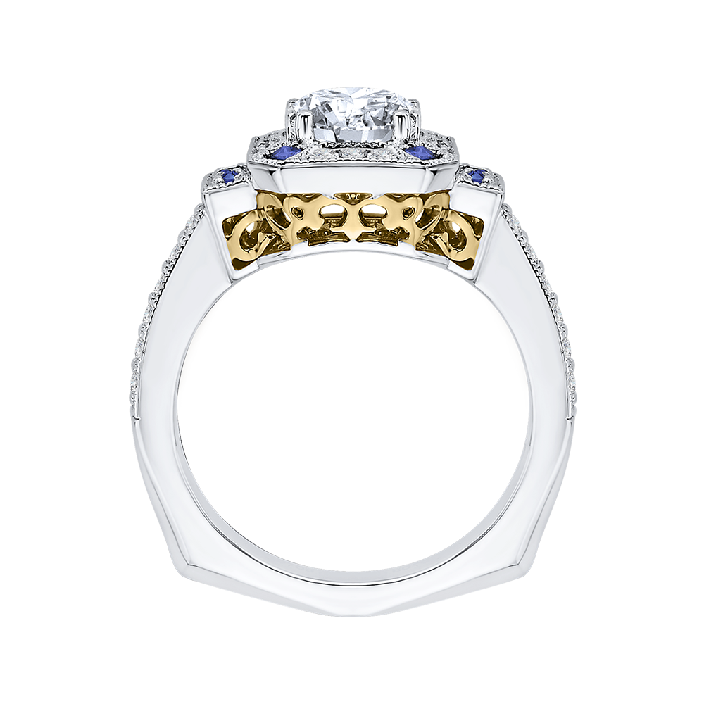 14K Two Tone Gold Round Diamond and Sapphire Engagement Ring (Semi Mount)