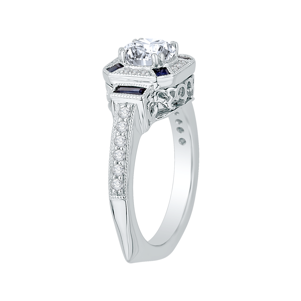 14K White Gold Round Diamond and Sapphire Engagement Ring (Semi Mount)