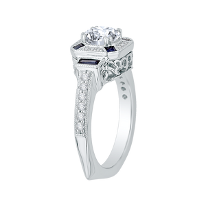 14K White Gold Round Diamond and Sapphire Engagement Ring (Semi Mount)