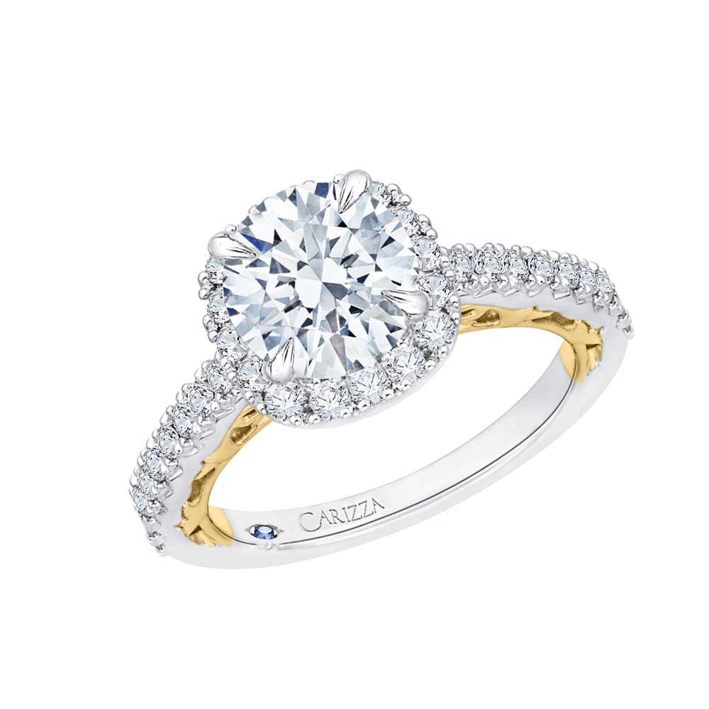 14K Two Tone Gold Round Diamond Halo Engagement Ring (Semi Mount)