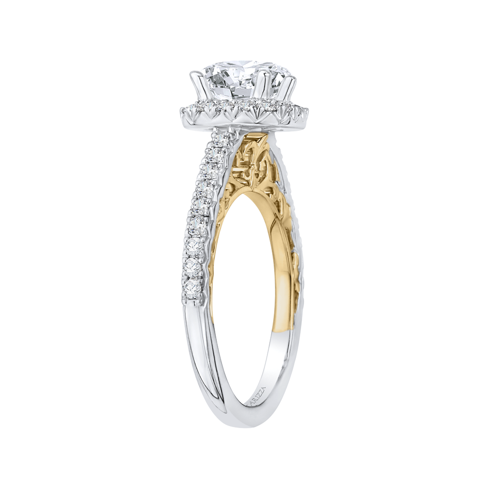 14K Two Tone Gold Round Diamond Halo Engagement Ring (Semi Mount)