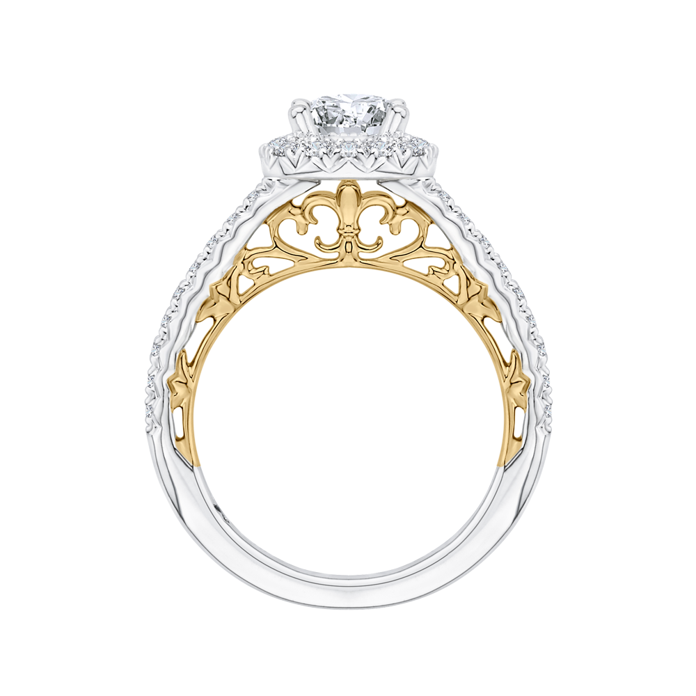 14K Two Tone Gold Round Diamond Halo Engagement Ring (Semi Mount)