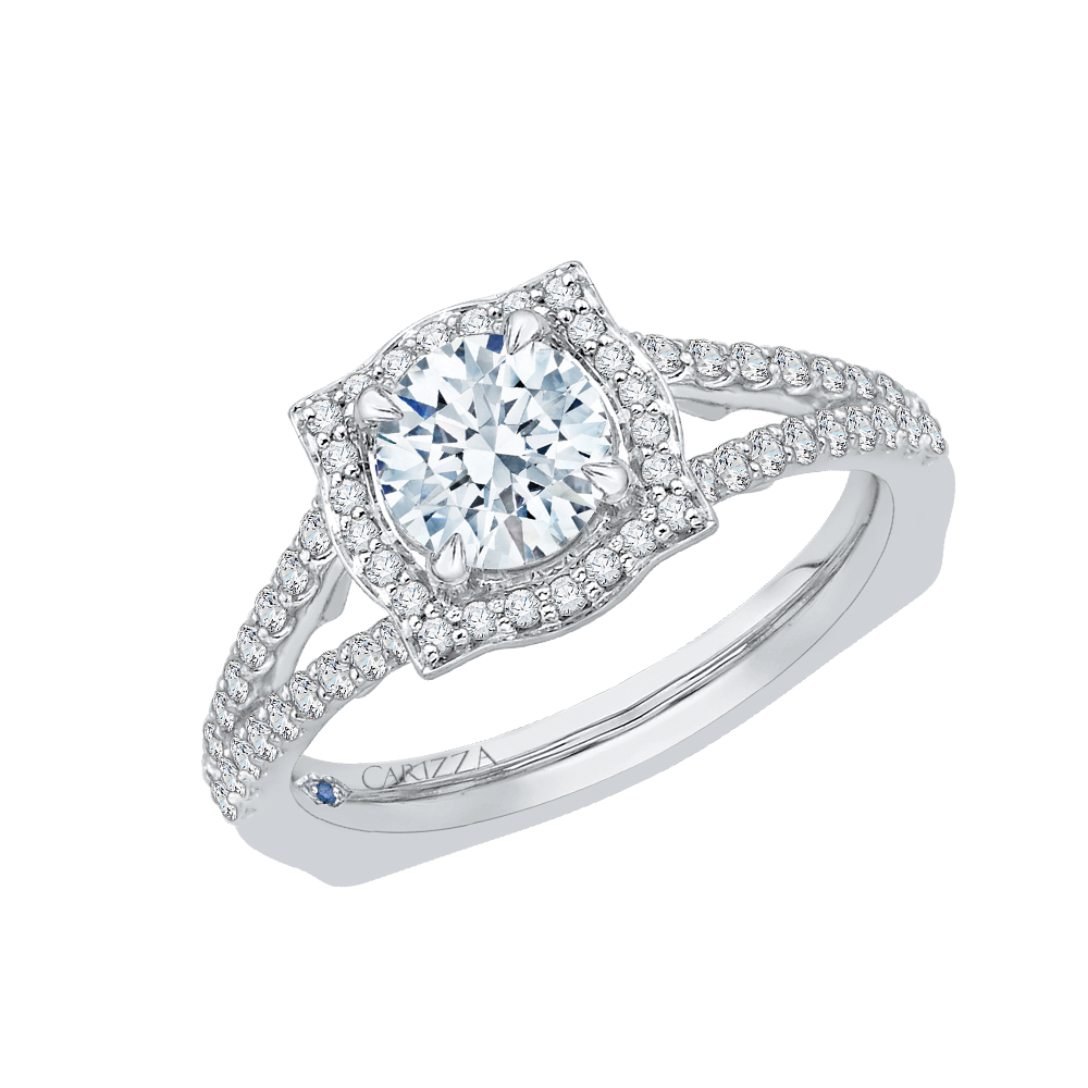 14K White Gold Round Halo Diamond Engagement Ring with Split Shank (Semi Mount)