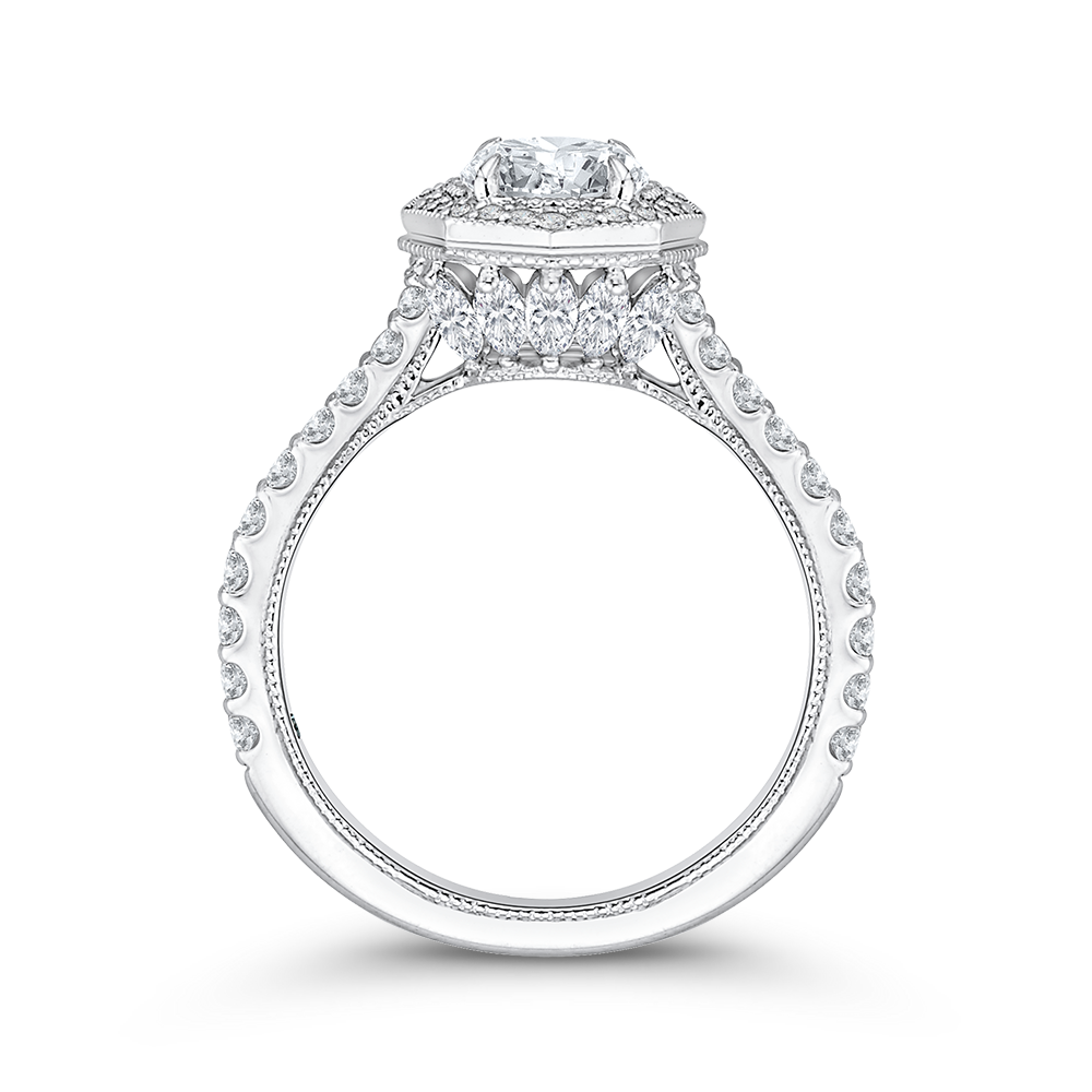 14K White Gold Round Cut Diamond Octagon Shape Halo Engagement Ring (Semi Mount)