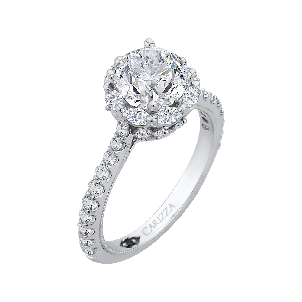 14K White Gold Round Cut Diamond Halo Engagement Ring (Semi Mount)