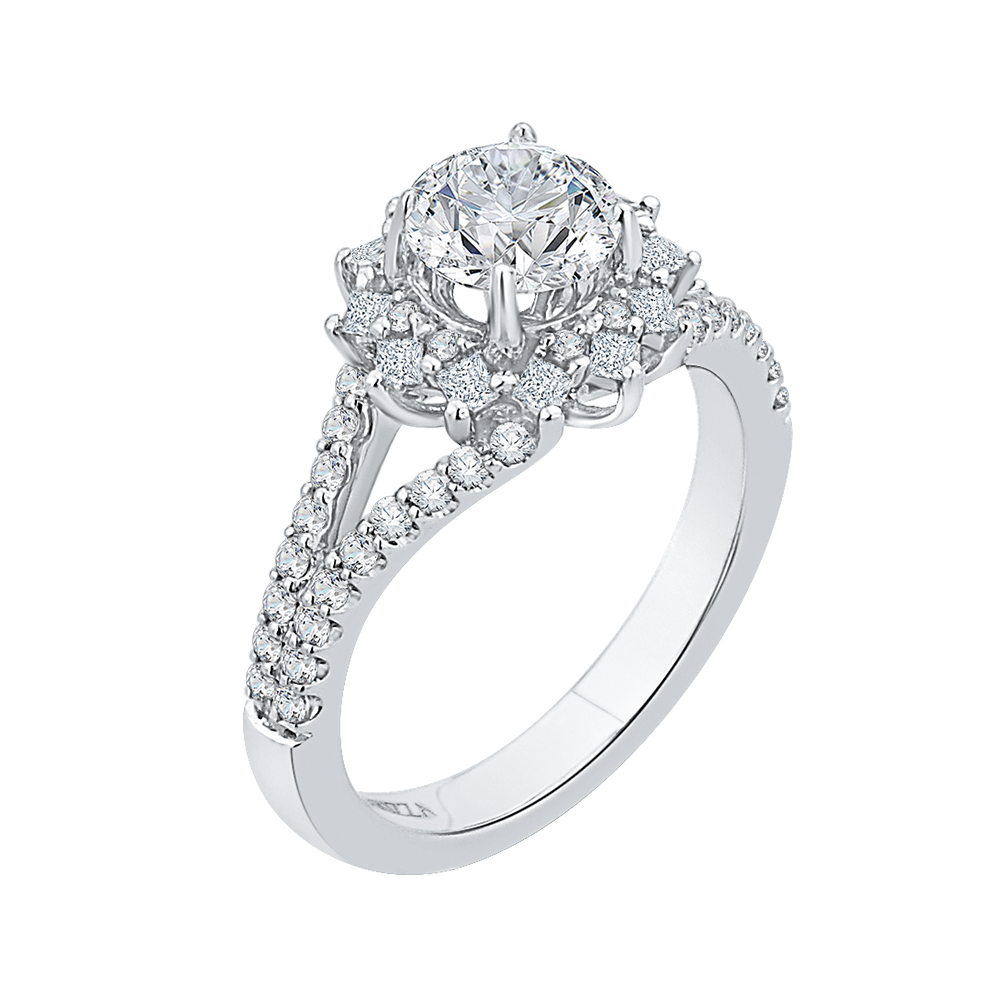 14K White Gold Round Diamond Halo Engagement Ring with Split Shank (Semi Mount)