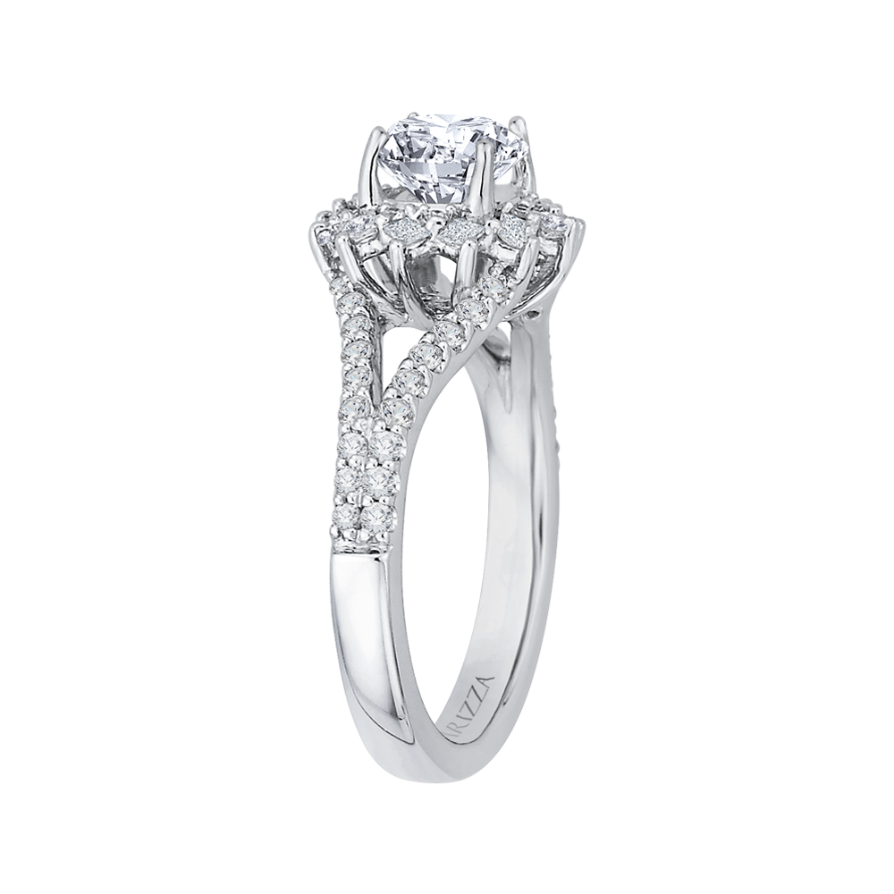 14K White Gold Round Diamond Halo Engagement Ring with Split Shank (Semi Mount)