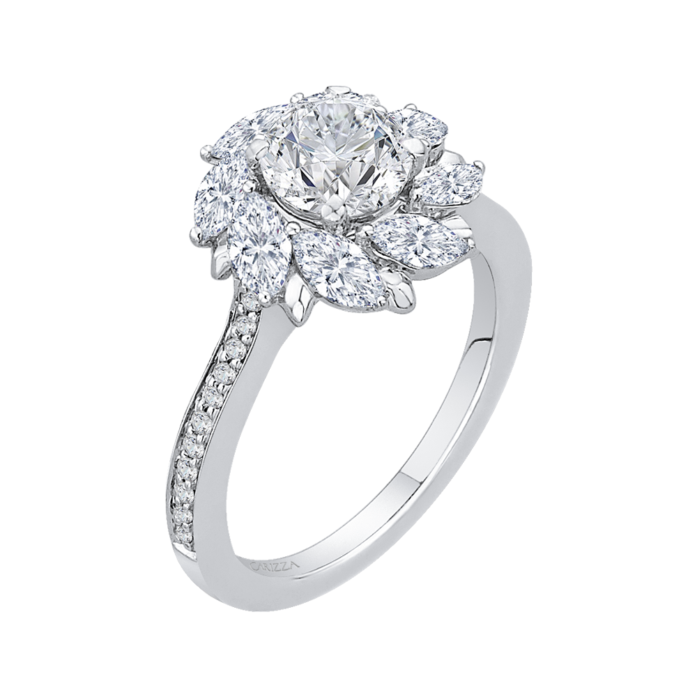 14K White Gold Round Diamond Floral Halo Engagement Ring (Semi Mount)