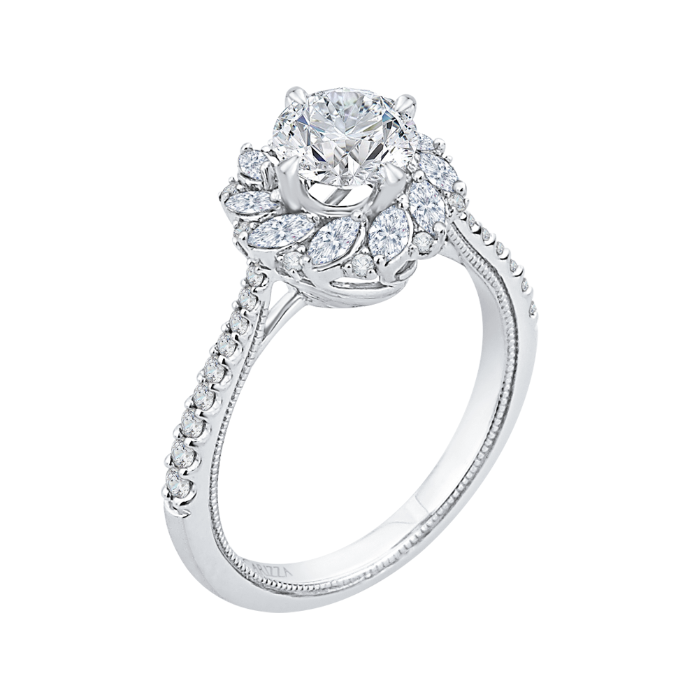 14K White Gold Round Diamond Floral Engagement Ring (Semi Mount)