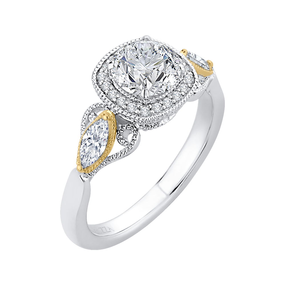 14K Two Tone Gold Round Diamond Halo Engagement Ring (Semi Mount)