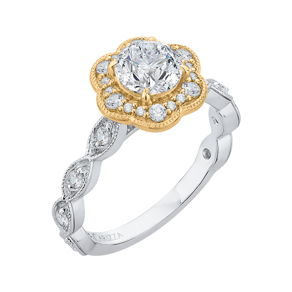 14K Two Tone Gold Round Cut Diamond Floral Halo Engagement Ring (Semi Mount)