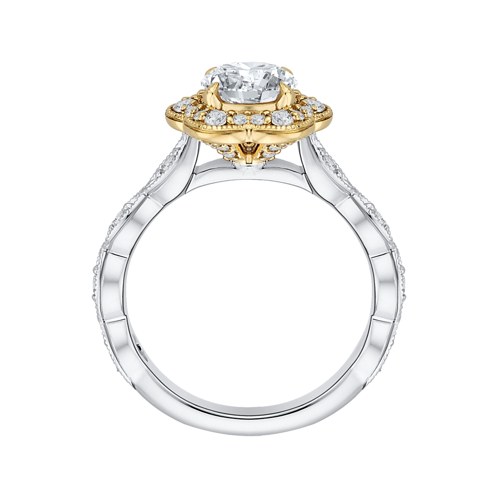 14K Two Tone Gold Round Cut Diamond Floral Halo Engagement Ring (Semi Mount)