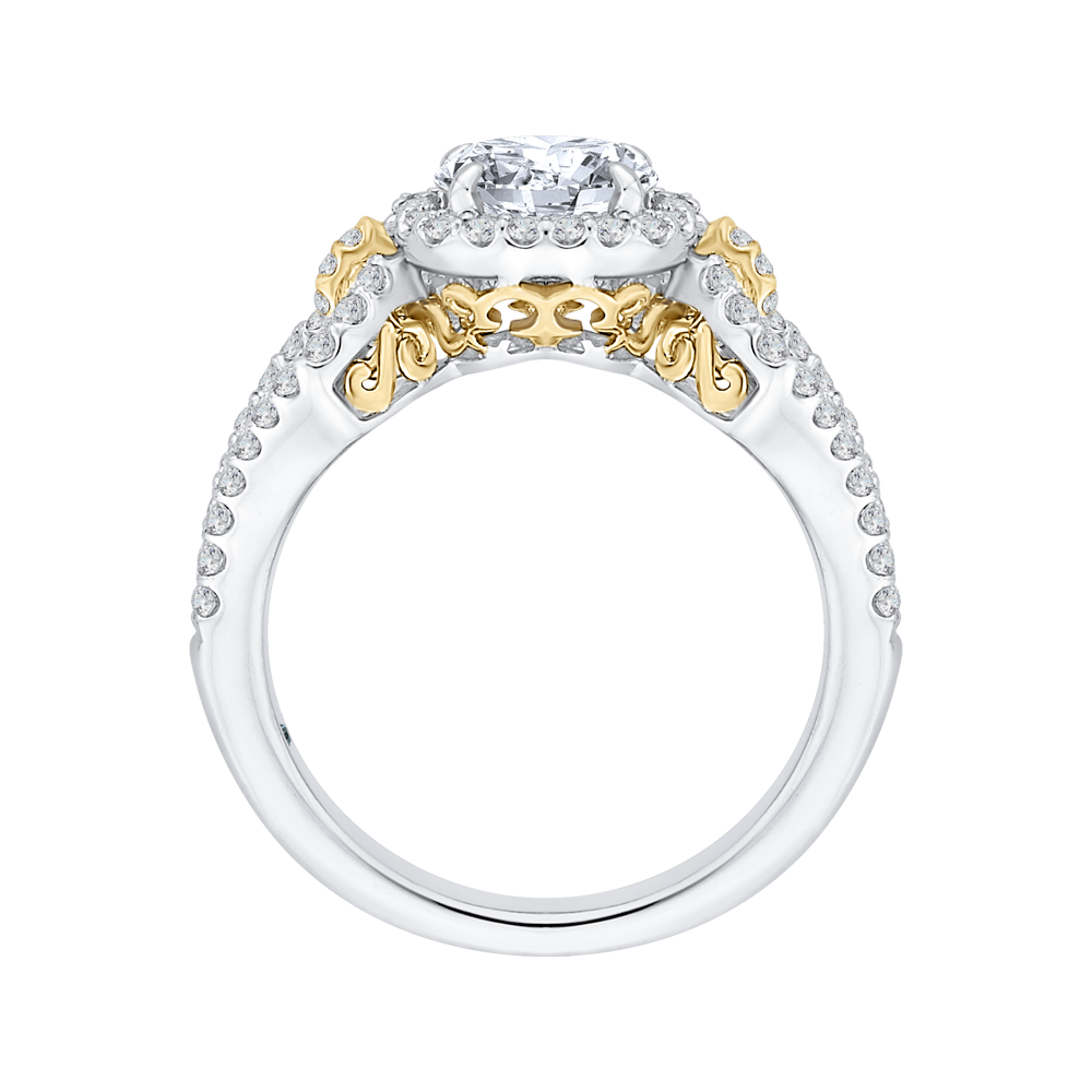 14K Two Tone Gold Round Diamond Halo Engagement Ring with Split Shank (Semi Mount)