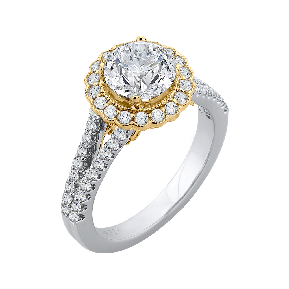 14K Two Tone Gold Round Diamond Halo Engagement Ring with Split Shank (Semi Mount)