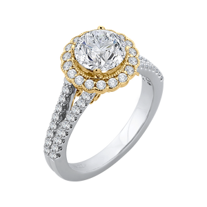 14K Two Tone Gold Round Diamond Halo Engagement Ring with Split Shank (Semi Mount)