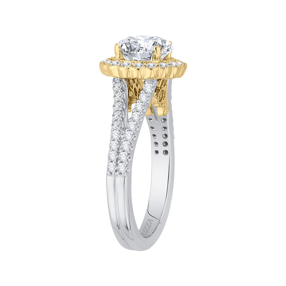 14K Two Tone Gold Round Diamond Halo Engagement Ring with Split Shank (Semi Mount)